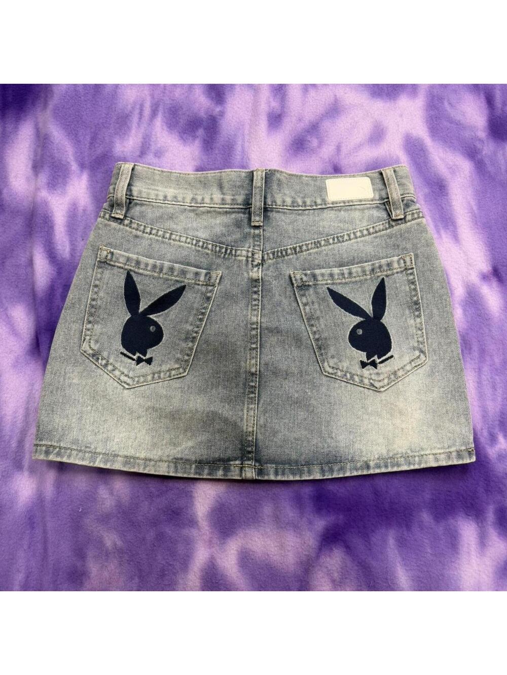 Playboy vtg y2k style denim miniskirt with embroidery pockets